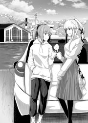 Rule 34 | 2girls, alternate costume, blunt bangs, breasts, can, car, cloud, cruise ship, greyscale, hair ribbon, hand in pocket, highres, holding, holding can, hood, hood down, hoodie, kantai collection, leaning on object, long hair, long skirt, makamu, monochrome, motor vehicle, multiple girls, open mouth, outdoors, pants, pantyhose, ponytail, ribbon, skirt, sky, smile, standing, sweater, toyota, turtleneck, turtleneck sweater, yura (kancolle), yuubari (kancolle)