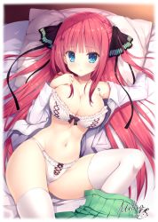 Rule 34 | 1girl, black ribbon, blue eyes, blunt bangs, blush, bow, bow bra, bow panties, bra, breasts, cleavage, closed mouth, collarbone, frilled bra, frilled panties, frills, go-toubun no hanayome, green skirt, hair ornament, hair ribbon, large breasts, lips, long hair, long sleeves, looking at viewer, lying, mitha, nakano nino, navel, on back, open clothes, open shirt, panties, red hair, ribbon, shirt, skirt, skirt around one leg, solo, thighhighs, underwear, white bra, white panties, white shirt, white thighhighs