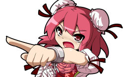 Rule 34 | 1girl, bandages, blush, bun cover, chain, chinese clothes, cuffs, double bun, flower, ibaraki kasen, open mouth, pink eyes, pink hair, pointing, red eyes, rose, ryuu (multitask), short hair, solo, tabar, tabard, touhou