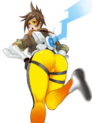Rule 34 | 1girl, :o, ass, bodysuit, breasts, brown eyes, brown hair, cameltoe, from behind, gloves, goggles, hands on own hips, highres, huge ass, large breasts, leaning forward, leg lift, looking at viewer, looking back, motion blur, open mouth, overwatch, overwatch 1, pants, piercing, shibusun, shiny clothes, short hair, skin tight, solo, thighs, tight clothes, tight pants, tracer (overwatch)