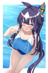 Rule 34 | 1girl, a.nori, absurdres, animal ears, blue hair, blue one-piece swimsuit, breasts, competition swimsuit, dark blue hair, ear covers, feet out of frame, hair between eyes, highres, horse ears, horse girl, horse tail, large breasts, long hair, looking at viewer, one-piece swimsuit, purple eyes, single ear cover, solo, swimsuit, tail, thigh gap, umamusume, verxina (umamusume), white hair
