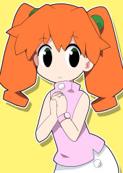 Rule 34 | 1girl, bare arms, bare shoulders, closed mouth, commentary request, drop shadow, green eyes, highres, junmai karin, looking at viewer, medarot, orange hair, osaragi mitama, outline, pink shirt, shirt, skirt, sleeveless, sleeveless shirt, smile, solo, twintails day, white outline, white skirt, yellow background