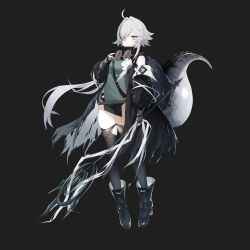 Rule 34 | 1girl, ahoge, arknights, black background, black footwear, black thighhighs, boots, breasts, closed mouth, crocodilian tail, detached sleeves, fingerless gloves, full body, gloves, goggles, goggles around neck, green hair, grey hair, hair between eyes, highres, holding, holding staff, holding weapon, large tail, long hair, looking at viewer, misa (929382672), multicolored hair, pointy ears, simple background, solo, staff, streaked hair, tail, thighhighs, tomimi (arknights), torn clothes, torn thighhighs, very long hair, weapon, yellow eyes