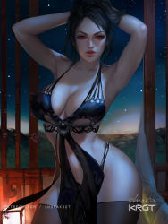 Rule 34 | 1girl, armpits, arms up, bad link, bare shoulders, black dress, black hair, breasts, cleavage, colored skin, dress, grey skin, looking at viewer, night, night sky, nose, original, pale skin, red eyes, shurakrgt, sky, standing, star (sky), starry sky, thighhighs, thighs, thong