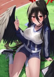 Rule 34 | 1girl, 3:, absurdres, arm support, black choker, black footwear, black hair, black wings, blue archive, blue jacket, blue shorts, blush, bra visible through clothes, breasts, choker, clipboard, closed mouth, day, feathered wings, from above, full body, grass, gym uniform, hair between eyes, halo, hand up, hasumi (blue archive), hasumi (track) (blue archive), hidel, highres, holding, holding pen, jacket, knees out of frame, large breasts, long hair, long sleeves, looking at viewer, looking up, mole, mole under eye, official alternate costume, outdoors, partially unzipped, pen, ponytail, red eyes, shirt, shoes, short shorts, shorts, sitting, socks, solo, sweat, taut clothes, taut shirt, text print, thighs, track and field, track jacket, very long hair, wet, wet clothes, white shirt, white socks, wings, yokozuwari