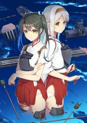 Rule 34 | 10s, 2girls, afloat, armor, armored boots, arrow (projectile), asahina hikage, back-to-back, black footwear, boots, closed mouth, cloud, commentary request, flight deck, green hair, hair ribbon, hairband, japanese clothes, kantai collection, kimono, looking at viewer, machinery, multiple girls, muneate, night, night sky, ocean, outdoors, panties, red skirt, reflection, ribbon, short sleeves, shoukaku (kancolle), skirt, sky, smile, tareme, thigh boots, thighhighs, torn clothes, torn kimono, torn skirt, twintails, underwear, wading, water, white hair, white panties, white ribbon, yellow eyes, zuikaku (kancolle)