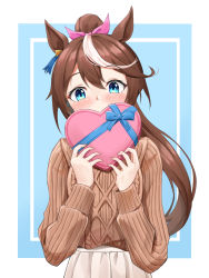 Rule 34 | 1girl, animal ears, blue background, blush, border, bow, brown hair, brown sweater, chocolate, commentary request, cowboy shot, dusu (htkj), food, hair between eyes, hands up, heart, highres, holding, holding chocolate, holding food, holding heart, horse ears, horse girl, light brown hair, long hair, long sleeves, looking at viewer, multicolored hair, outside border, pink bow, pleated skirt, ponytail, sidelocks, skirt, solo, streaked hair, sweater, sweater tucked in, tokai teio (umamusume), two-tone hair, umamusume, valentine, white border, white skirt
