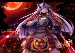 Rule 34 | 1girl, armor, blood, bloody weapon, dual wielding, fate/grand order, fate (series), full moon, glint, hair between eyes, headband, highres, holding, holding sword, holding weapon, horns, japanese armor, katana, kusazuri, legs apart, long hair, long sleeves, moon, night, oni horns, open mouth, raiou, red eyes, red moon, red sky, revision, shoulder armor, silver hair, sky, sode, solo, sparkle, standing, sword, tomoe gozen (fate), tsurime, very long hair, weapon