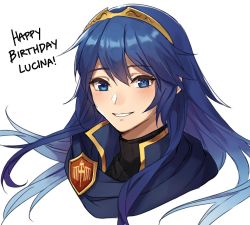 Rule 34 | 1girl, blue eyes, blue hair, blue scarf, blush, commentary, emblem, english commentary, fire emblem, fire emblem awakening, fire emblem heroes, happy birthday, high collar, kamu (kamuuei), long hair, looking at viewer, lucina (fire emblem), nintendo, ribbed sweater, scarf, smile, solo, super smash bros., sweater, tiara