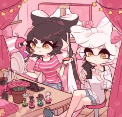 Rule 34 | 2girls, alternate costume, amiibo, applying makeup, bad id, bad twitter id, bead bracelet, beads, bed, bedroom, black hair, black tank top, blue footwear, blue pants, blue shorts, bored, bow, bracelet, callie (splatoon), cellphone, cephalopod eyes, charamells, closed mouth, cousins, crossed legs, curtains, denim, denim shorts, drinking straw, eyelashes, flower, food, foot out of frame, fruit, glass, gold bracelet, hair bow, holding, holding makeup brush, holding phone, indoors, jeans, jewelry, lamp, lemon, lemon slice, light frown, long hair, long sleeves, looking at object, marie (splatoon), marina (splatoon), mirror, multiple girls, nintendo, off-shoulder sweater, off shoulder, on stool, oversized clothes, pants, pearl (splatoon), phone, pillow, pink bow, pink flower, pink rose, pink shirt, pink sleeves, plant, pointy ears, potted plant, rose, sandals, shirt, short hair, short shorts, short sleeves, shorts, sitting, smartphone, smile, splatoon (series), striped clothes, striped shirt, striped sleeves, stuffed squid, sweater, t-shirt, tank top, tentacle hair, twintails, very long hair, water, white bracelet, white hair, white sleeves, white sweater, window, wooden floor, yellow eyes