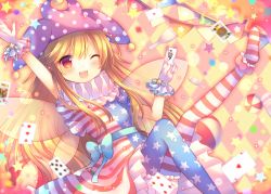 Rule 34 | 1girl, ;3, american flag dress, american flag legwear, bad id, bad pixiv id, ball, blonde hair, bloomers, blue ribbon, card, clownpiece, coa (chroo x), dress, embellished costume, fairy wings, gloves, hat, jester cap, juggling club, long hair, looking at viewer, neck ruff, one eye closed, outstretched arms, pantyhose, playing card, polka dot, red eyes, ribbon, short sleeves, smile, solo, star (symbol), striped clothes, striped pantyhose, touhou, underwear, very long hair, white gloves, wings