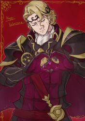 Rule 34 | 1boy, aristocratic clothes, armor, black armor, blonde hair, cape, circlet, closed eyes, closed mouth, commentary request, fire emblem, fire emblem fates, hands up, happy valentine, heart, highres, male focus, nintendo, tiara, ultrablueanya, xander (fire emblem)