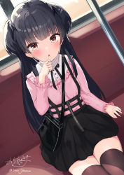 Rule 34 | 1girl, absurdres, bag, black hair, black skirt, breasts, brown eyes, brown thighhighs, bus interior, commentary request, hand up, highres, idolmaster, idolmaster shiny colors, long hair, long sleeves, looking at viewer, mask, mask pull, mayuzumi fuyuko, mouth mask, multicolored hair, ochinsama, parted lips, pink shirt, pulling own clothes, shirt, shoulder bag, sitting, skirt, small breasts, solo, suspender skirt, suspenders, thighhighs, two-tone hair, v-shaped eyebrows, very long hair