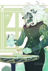 Rule 34 | 1boy, absurdres, animal ears, commentary request, cup, fate/grand order, fate (series), furry, furry male, highres, holding, holding teapot, male focus, pouring, saucer, sisualicon, standing, table, tail, teacup, teapot, translation request, twitter username, white hair, window, wolf boy, wolf ears, wolf tail, woodwose (fate)