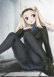 Rule 34 | 1girl, absurdres, aleksandra i. pokryshkin, ass, black pantyhose, blonde hair, blue eyes, blush, brave witches, crotch, hairband, highres, long hair, memory (prophet5), military uniform, on floor, open mouth, panties, panties under pantyhose, pantyhose, solo, underwear, uniform, white panties, world witches series
