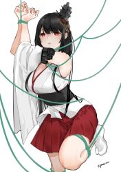 Rule 34 | 1girl, black hair, bound, commentary request, cowboy shot, detached sleeves, fusou (kancolle), hair ornament, kantai collection, long hair, neko (ganecooo), pleated skirt, red eyes, red skirt, rope, simple background, skirt, socks, solo, standing, standing on one leg, tabi, tied up (nonsexual), twitter username, white background, white socks