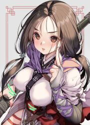 Rule 34 | 1girl, bare legs, blush, breasts, brown eyes, brown hair, hair ornament, highres, holding, holding staff, hong jing (wo long), kink (tortoiseshell), large breasts, long hair, looking at viewer, scarf, solo, staff, thighs, wo long: fallen dynasty, zooming in