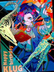 Rule 34 | 1boy, absurdres, animal skeleton, arm up, ascot, book, character name, clock, closed mouth, collared shirt, cowboy shot, glasses, green eyes, happy birthday, hat, highres, holding, holding book, index finger raised, klug (puyopuyo), long sleeves, looking at viewer, male focus, merumerumerume, open clothes, open vest, pants, pointing, pointing up, purple hat, purple pants, purple vest, puyopuyo, round eyewear, shirt, short hair, smile, solo, vest, white ascot, white shirt, wing hat ornament