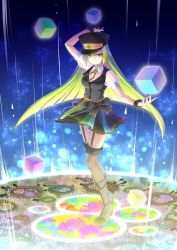 Rule 34 | 1girl, alina gray, aqua eyes, atsukan, black bow, black footwear, black hat, black necktie, black thighhighs, black vest, blunt ends, blush, boots, bow, brooch, chain, collar, cross tie, detached collar, doppel (madoka magica), fishnet thighhighs, fishnets, fold-over boots, fur-trimmed thighhighs, fur cuffs, fur trim, garter straps, gem, green gemstone, green hair, hair between eyes, hat, highres, jewelry, lapels, long hair, magia record: mahou shoujo madoka magica gaiden, magical girl, mahou shoujo madoka magica, miniskirt, multicolored clothes, multicolored hair, multicolored skirt, necktie, notched lapels, old dorothy, peaked cap, pleated skirt, puffy short sleeves, puffy sleeves, see-through, see-through sleeves, short sleeves, sidelocks, skirt, sleeve cuffs, solo, straight hair, streaked hair, striped clothes, striped skirt, thighhighs, v-neck, vertical-striped clothes, vertical-striped skirt, very long hair, vest, waist bow, white collar, white sleeves
