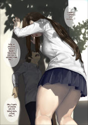 Rule 34 | 1boy, 1girl, absurdres, against wall, black eyes, blue skirt, brown hair, giant, giantess, heart, height difference, highres, kabedon, long hair, looking down, looking up, open mouth, original, outdoors, shadow, size difference, skirt, speech bubble, sweat, talking, teeth, tongue, uru (uru0000), you gonna get raped