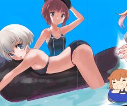 Rule 34 | 10s, adapted costume, alternate costume, bare arms, bare shoulders, bikini, blue eyes, brown hair, commentary request, gale kawaii, ikazuchi (kancolle), kantai collection, looking at viewer, one-piece swimsuit, partially submerged, school swimsuit, short hair, silver hair, swimsuit, unfinished, z1 leberecht maass (kancolle), z3 max schultz (kancolle)
