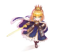 Rule 34 | &gt;:&lt;, :&lt;, ahoge, armor, armored dress, artoria pendragon (all), artoria pendragon (fate), blonde hair, chibi, chromatic aberration, crown, fate/grand order, fate/stay night, fate (series), full body, gauntlets, gilgamesh (fate), green eyes, hair bun, hair ribbon, highres, holding, holding sword, holding weapon, looking at viewer, nagi (ganaaa ), ribbon, saber (fate), simple background, single hair bun, sword, v-shaped eyebrows, weapon, white background