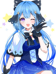 Rule 34 | 1girl, :d, absurdres, aquarius (constellation), arm at side, black bow, black bowtie, black gloves, blue corset, blue hair, blue skirt, blush, borrowed character, bow, bowtie, brooch, cancer (constellation), constellation print, corset, cowboy shot, diamond-shaped pupils, diamond (shape), gemini (constellation), gloves, gradient hair, hair between eyes, hair bow, highres, jewelry, long hair, looking at viewer, low-tied long hair, multicolored hair, nolma7, one eye closed, open hand, open mouth, original, parted bangs, pisces (constellation), raised eyebrows, sagittarius (constellation), scorpius (constellation), shirt, short sleeves, shrug (clothing), sidelocks, signature, simple background, skirt, sleeveless, sleeveless shirt, smile, solo, star (symbol), star brooch, straight-on, symbol-shaped pupils, taurus (constellation), white background