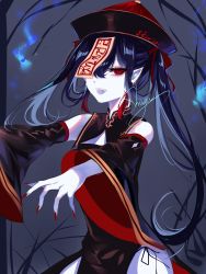 Rule 34 | 1girl, :d, absurdres, artist name, bare shoulders, black dress, blue hair, chinese clothes, cowboy shot, detached sleeves, dress, fangs, grey background, hair ribbon, hat, highres, jiangshi, long hair, long sleeves, looking at viewer, nail polish, ofuda, open mouth, original, outstretched arms, pelvic curtain, pointy ears, qingdai guanmao, red eyes, red nails, red ribbon, ribbon, sheya, side slit, sidelocks, signature, smile, solo, twintails, wide sleeves, zombie pose