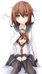 Rule 34 | 10s, 2girls, absurdres, blush, brown eyes, brown hair, commentary, hair ornament, hairclip, hand on another&#039;s head, heart, highres, if they mated, ikazuchi (kancolle), kantai collection, looking at viewer, mother and daughter, multiple girls, neckerchief, aged up, one eye closed, open mouth, pantyhose, personification, red neckerchief, saku (kudrove), school uniform, serafuku, short hair, sitting, sitting on person, skirt, smile, wink, aged down