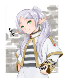 Rule 34 | 1girl, 342 (artist), artist name, capelet, commentary request, dated, dress, drop earrings, earrings, frieren, green eyes, jewelry, long hair, long sleeves, looking at viewer, parted bangs, pointy ears, shirt, smile, solo, sousou no frieren, striped clothes, striped shirt, twintails, white capelet, white dress, white hair