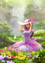 Rule 34 | 1girl, absurdres, arm garter, bell line gown, belt, brown hair, building, rabbit, day, dress, closed eyes, field, flower, gown, guchico, happy, hat, hibiscus, highres, long hair, meadow, molze, original, outdoors, pink dress, pixiv festa, puffy sleeves, smile, solo, sun hat