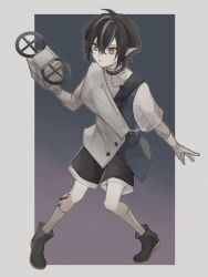 Rule 34 | 1boy, arknights, artist name, black hair, drone, full body, highres, infection monitor (arknights), male focus, material growth, minimalist (arknights), multicolored hair, oripathy lesion (arknights), pointy ears, ryonkinoco, shoes, short hair, shorts, simple background, solo, thighs, white hair, yellow eyes