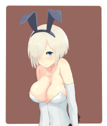 Rule 34 | 10s, 1girl, animal ears, atg (wttoo0202), bad id, bad pixiv id, bare shoulders, blonde hair, blue eyes, blush, breasts, cleavage, covered navel, elbow gloves, fake animal ears, gloves, hair over one eye, hamakaze (kancolle), highres, kantai collection, large breasts, leotard, looking at viewer, pantyhose, playboy bunny, rabbit ears, short hair, simple background, solo, white gloves