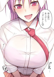 Rule 34 | 1girl, :d, animal ears, blush, breasts, collared shirt, diisuke, dress shirt, huge breasts, long hair, looking at viewer, necktie, open mouth, pleated skirt, purple hair, rabbit ears, red eyes, red necktie, reisen udongein inaba, see-through, shirt, skirt, smile, solo, speech bubble, touhou, translated, upper body, v arms, white background, white shirt