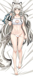Rule 34 | 1girl, absurdres, animal ear fluff, animal ears, arknights, bandeau, bare arms, bare legs, bare shoulders, barefoot, bed sheet, bell, bra, braid, breasts, cat cutout, cat lingerie, chinese commentary, cleavage cutout, clothing cutout, collarbone, commentary request, frills, full body, gluteal fold, grey eyes, groin, hand up, highres, holding, holding bell, incredibly absurdres, large breasts, leopard ears, leopard tail, long hair, looking at viewer, lying, meme attire, navel, on back, parted lips, pramanix (arknights), silver hair, solo, stomach, tail, thighs, twin braids, underwear, very long hair, white bra, ying jing meng