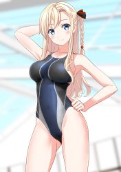 Rule 34 | 1girl, absurdres, black one-piece swimsuit, blonde hair, blue eyes, blurry, braid, breasts, commentary request, competition swimsuit, contrapposto, cowboy shot, depth of field, gluteal fold, hand on own hip, high school fleet, highleg, highleg swimsuit, highres, indoors, large breasts, long hair, looking at viewer, one-piece swimsuit, single braid, solo, standing, swimsuit, takafumi, wilhelmina braunschweig ingenohl friedeburg