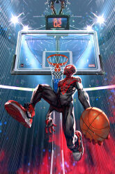 Rule 34 | 1boy, ball, basketball, basketball (object), basketball hoop, clock, comic cover, cover image, covered abs, full body, highres, jumping, kael ngu, marvel, miles morales, muscular, muscular male, official art, playing sports, red footwear, shoes, skin tight, slam dunk (basketball), sneakers, solo, speed lines, spider-man (miles morales), spider-man (series), spider web print, superhero costume
