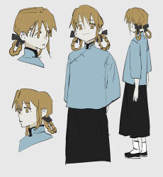 1girl absurdres ankle_socks black_skirt blue_shirt braid braided_hair_rings brown_eyes brown_hair chinese_clothes choppy_bangs flats full_body grey_background hair_rings highres long_skirt mandarin_collar multiple_views original republic_of_china_school_uniform school_uniform shanghai_neckline shirt skirt socks yanghua_gaizi