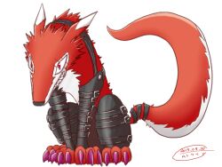 Rule 34 | belt, digimon, digimon (creature), fangmon, red eyes, sharp teeth, simple background, solo, tail, teeth, white background