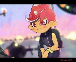 Rule 34 | 1boy, agent 8 (splatoon), aircraft, blurry, blurry background, blush, closed mouth, helicopter, kirikuchi riku, letterboxed, long sleeves, male focus, mohawk, nintendo, octoling, octoling boy, octoling player character, red eyes, red hair, short hair, single sleeve, smile, solo, splatoon (series), splatoon 2, splatoon 2: octo expansion, squatting, suction cups, tentacle hair, wristband, zipper, zipper pull tab