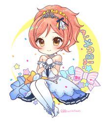 Rule 34 | 1girl, absurdres, bare shoulders, blue dress, blue pantyhose, blush, bow, brown eyes, brown hair, character name, chibi, clock, closed mouth, collarbone, crescent, dress, full body, gloves, gradient legwear, hands up, heart, high heels, high ponytail, highres, idolmaster, idolmaster cinderella girls, komatsu ibuki, multicolored clothes, multicolored legwear, on crescent, own hands together, pantyhose, parted bangs, pleated dress, pocopoco, ponytail, shoes, sidelocks, simple background, sitting, smile, solo, strapless, strapless dress, striped, striped bow, tiara, twitter username, white background, white footwear, white gloves, white pantyhose
