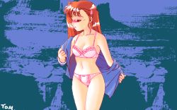 Rule 34 | 1990s (style), 1girl, air duel, blue shirt, blush, bow, bow panties, bra, breasts, cleavage, closed eyes, collarbone, game cg, long hair, long sleeves, medium breasts, navel, open clothes, open mouth, open shirt, panties, pc98, pink bra, pink panties, purple background, red hair, removing shirt, retro artstyle, school uniform, shirt, standing, sweat, underwear, undressing