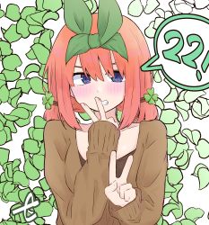 Rule 34 | 1girl, alternate hairstyle, blue eyes, blush, brown jacket, brown shirt, clover hair ornament, double v, eyebrows hidden by hair, four-leaf clover hair ornament, go-toubun no hanayome, green ribbon, grin, hair between eyes, hair ornament, hair ribbon, highres, jacket, kujou karasuma, long sleeves, looking at viewer, low twintails, nakano yotsuba, ribbon, shirt, smile, solo, speech bubble, twintails, upper body, v, white background
