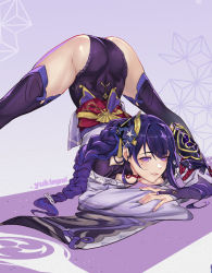 Rule 34 | 1girl, artist name, ass, blush, braid, breast press, breasts, bridal gauntlets, genshin impact, hair ornament, hairpin, highres, jack-o&#039; challenge, japanese clothes, leotard, long hair, parted lips, purple eyes, purple hair, raiden shogun, shiny clothes, shiny skin, single braid, smile, solo, thighhighs, top-down bottom-up, very long hair, yukimpoi