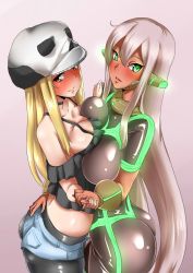 Rule 34 | 2girls, ass, asymmetrical docking, ayuayu (shouyu no sato), bike shorts, bike shorts under shorts, blonde hair, blush, bodysuit, breast envy, breast press, breasts, brown eyes, camisole, character request, dark-skinned female, dark skin, female focus, full-face blush, green eyes, hand on ass, hat, highres, large breasts, long hair, looking at viewer, multiple girls, neon trim, open mouth, original, parted lips, pointy ears, robot ears, shiny clothes, short shorts, shorts, silver hair, smile, very long hair, wavy mouth