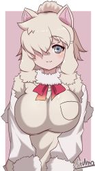 Rule 34 | 1girl, :3, alpaca ears, alpaca suri (kemono friends), animal ears, artist name, blonde hair, blue eyes, breast pocket, breasts, closed mouth, commentary request, fur-trimmed sleeves, fur scarf, fur trim, hair bun, hair over one eye, highres, horizontal pupils, impossible clothes, kemono friends, large breasts, long sleeves, looking at viewer, medium hair, neck ribbon, platinum blonde hair, pocket, ribbon, ringed eyes, ryuusui arumo, scarf, single hair bun, smile, solo, sweater vest, upper body, v arms