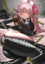 Rule 34 | 1girl, animal ear fluff, animal ears, ass, black bodysuit, blush, bodysuit, bow, breasts, bullet, center opening, choker, cleavage, fate/grand order, fate (series), fox ears, fox girl, fox tail, hair between eyes, hair bow, highres, hip vent, koyanskaya (assassin) (first ascension) (fate), koyanskaya (fate), large breasts, long hair, looking at viewer, lying, on side, pink bow, pink hair, ponytail, sidelocks, smile, solo, tail, tamamo (fate), thighs, tongue, tongue out, uo denim, yellow eyes, zipper