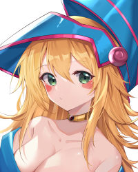 1girl absurdres bare_shoulders blonde_hair blush_stickers breasts cleavage collarbone dark_magician_girl dreamoon duel_monster eyes_visible_through_hair green_eyes highres jewelry long_hair medium_breasts neck_ring off_shoulder portrait puckered_lips solo spiked_hair yu-gi-oh! yu-gi-oh!_duel_monsters