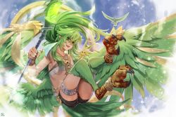 Rule 34 | 1girl, anklet, bird, bird legs, birdrawdream, black shorts, breasts, brown gloves, chinese commentary, cloud, commentary, commentary request, commission, english commentary, feathered wings, feathers, flying, gem, gloves, green eyes, green feathers, green hair, harpy, highres, holding, holding staff, jewelry, long hair, mixed-language commentary, monster girl, monsterification, multiple wings, open mouth, pixiv commission, shorts, sidelocks, sky, small breasts, solo, staff, talons, thigh bands, underboob, very long hair, winda (yu-gi-oh!), winda priestess of gusto, wings, yu-gi-oh!