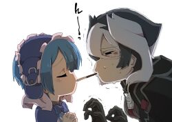 Rule 34 | 1boy, 1girl, age difference, black hair, blue corset, blue hair, child, closed eyes, corset, gloves, hair between eyes, hetero, made in abyss, maid, maid headdress, maruruk, mouth hold, multicolored hair, onee-shota, own hands together, ozen, pocky day, shaking, short hair, simple background, sweat, trap, two-tone hair, whistle, white background, white hair, ximu shilang